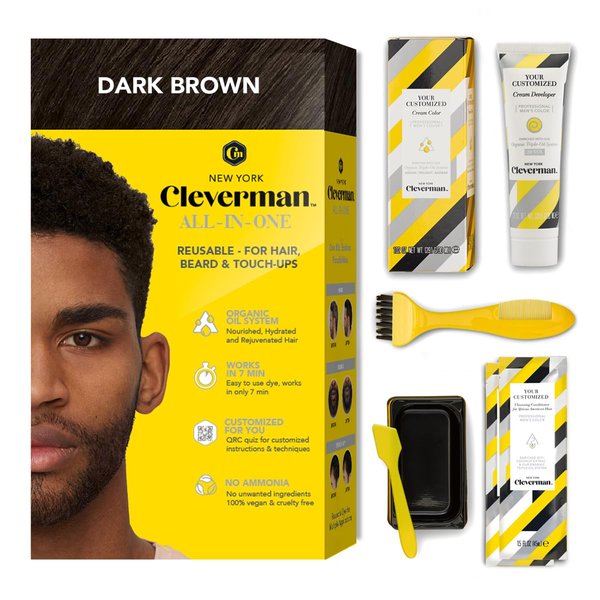Cleverman Hair & Beard Dye Kit for Men, All-in-One Reusable Mens Hair Color, Natural Gray Coverage, Ammonia-Free Beard Mustache Dye for Men (Dark Brown for Black Men)
