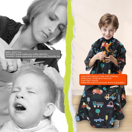 PERFEHAIR Kids Haircut Cape with Sleeves - Cute Cars Printing, Adjustable Neck Collar, Comfortable Barber Cape for Boys & Girls, Ideal for Home or Salon Use, Professional Hair Cutting Apron