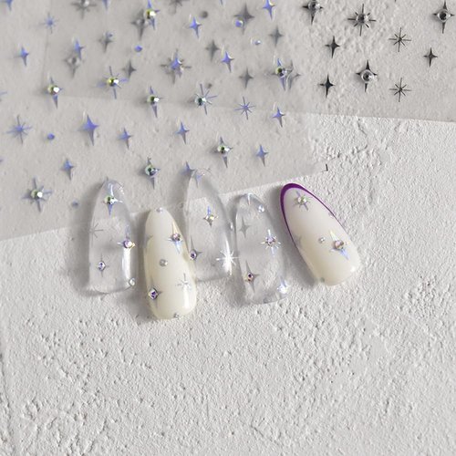 5D Nail Art Stickers Self-Adhesive Rhinestone Twinkling Star Nail Decals Laser Silver Stars for Women Girls Manicure DIY Acrylic Nails Decorations (Star)