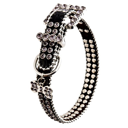 Crazy4Bling Black Leather Dog Collar with Grey Rhinestones and Dog Bone Charm, Size XSmall
