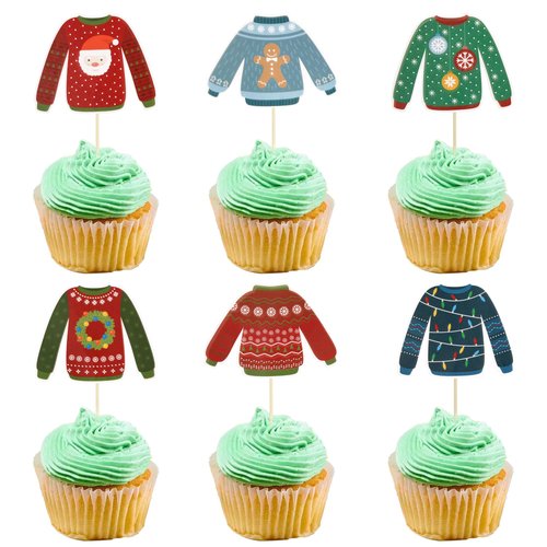 Gyufise 36Pcs Ugly Sweater Cupcake Toppers Ugly Sweater Party Decorations for Christmas Party Decorations Ugly Sweater Christmas Decorations Xmas Party Supplies