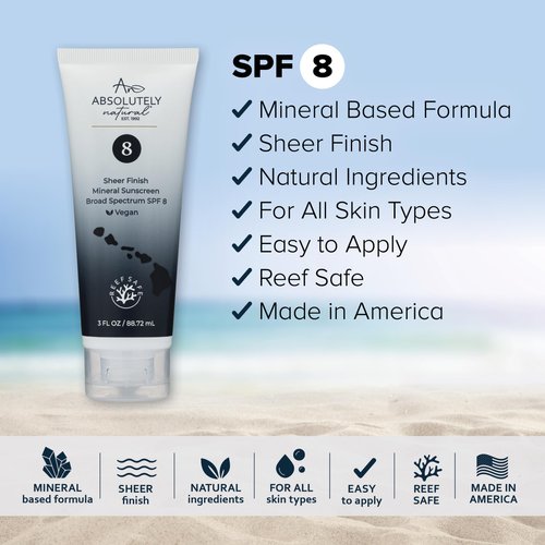 Absolutely Natural - SPF 8 Mineral Sunscreen - Water Resistant Moisturzing Lotion for Body & Face - Non-Nano Zinc Oxide, Vitamin E - 3 Oz