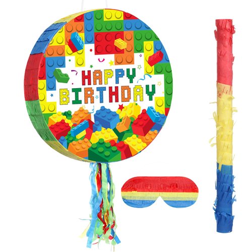 Jexine Building Blocks Piñata Set Birthday Block Party Supplies Fiesta Piñata Bundle with Blindfold Bat Stick Block Tassel Piñata for Kids Blocks Theme Birthday Carnival Party Event Decoration