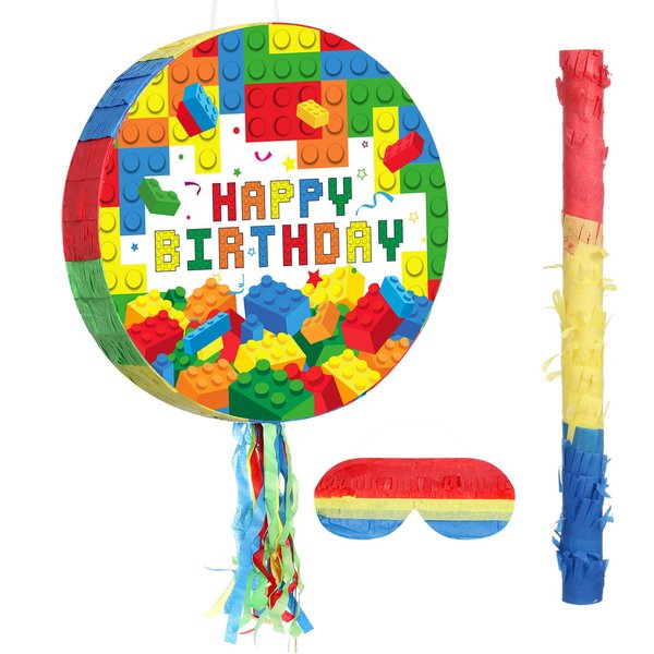 Jexine Building Blocks Piñata Set Birthday Block Party Supplies Fiesta Piñata Bundle with Blindfold Bat Stick Block Tassel Piñata for Kids Blocks Theme Birthday Carnival Party Event Decoration