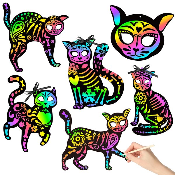 WATINC 60pcs Day of The Dead Scratch Craft Skeleton Cat Art for Kids, Dia De Los Muertos DIY Magic Halloween Scratch Skull Cat Hanging Ornament, Sugar Skeleton Cat Craft Kit for Mexican Party Supplies