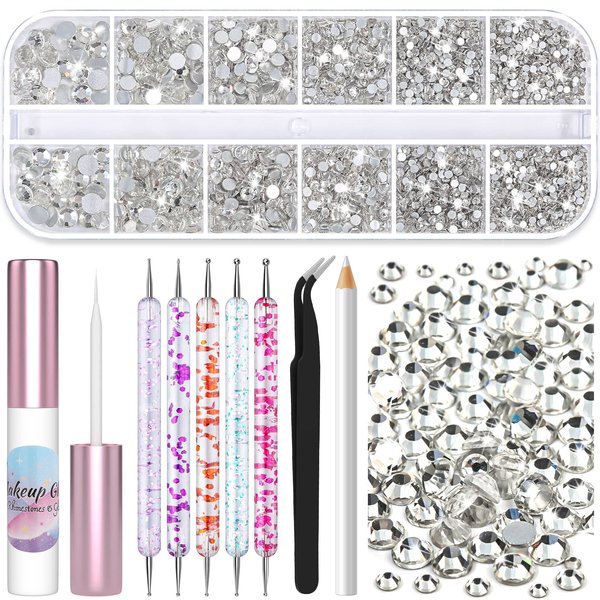 Shynek 3600Pcs Gems Rhinestones with Makeup Glue, Tweezers Dotting Tools for Face Nail Art Body Hair Eye Jewels Crafts Decoration
