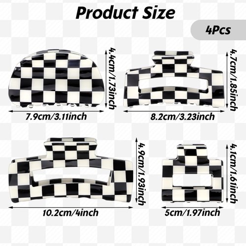 4Pcs Checkered Hair Claw Clips, Non-Slip Hair Jaw Clips for Thick, Thin, Curly, Straight, Long Hair, Simple Style Black and White Square Claw Clips, Women's Hair Accessories