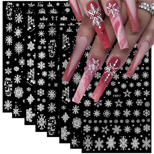 8Pcs Christmas Nail Art Stickers White Snowflake 3D Self-Adhesive Nail Decals Winter Xmas Nail Supplies with Glitter Design for Women Girls DIY Nail Decorations