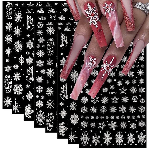 8Pcs Christmas Nail Art Stickers White Snowflake 3D Self-Adhesive Nail Decals Winter Xmas Nail Supplies with Glitter Design for Women Girls DIY Nail Decorations