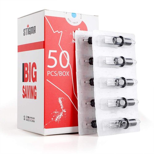 STIGMA #10(9RM) Bugpin Disposable Tattoo Needle Cartridges with Membrane Safety Cartridges for Tattoo Artists Curved/Round Magnum Shader Soft Edge 50Pcs Super Value Pack EN05-50-1009RM