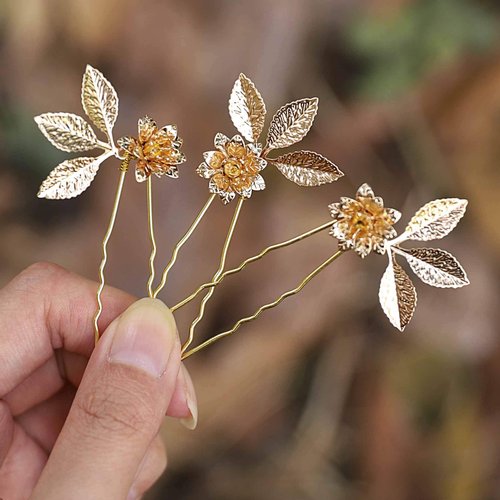 Unicra Wedding Hair Pins Flower Hairpins Hair Set Leaf Jewelry Decorative Bridal Hair Accessories for Women and Girls Pack of 3 (Gold)