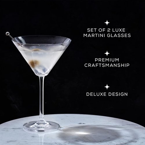 JoyJolt Olivia Crystal Martini Glasses - Premium Glassware Set Made in Europe - 9.2 oz Tall Martini Glasses - Elegant Cocktail Glasses - Set of 2 Martini Glass for Drinks such as Martini or Manhattan