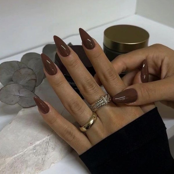 48Pcs Dark Coffee Brown Press on Nails Almond Fake Nails Glue on Nails Medium Length Almond Shaped Nails Press ons, Stiletto Nails False Nails for Women, Thick Medium Almond Nails Acrylic Gel Nail