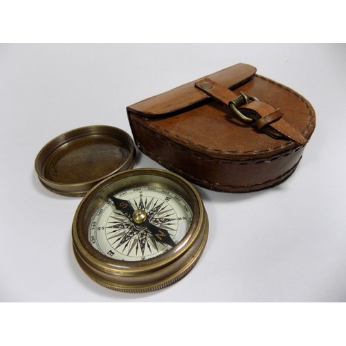 Authentic Vintage Style Brass Pocket Compass with Leather Case Rustic Vintage Home Decor Gifts