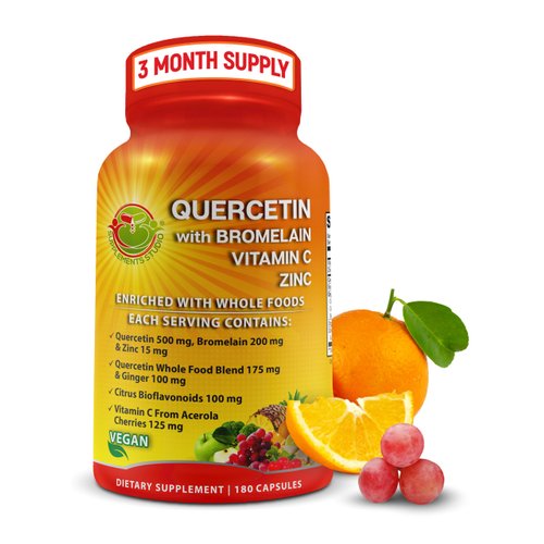 Quercetin with Bromelain Vitamin C and Zinc with Organic Whole Food Quercetin Blend - 1215mg per Serving - Phytosome Quercetin 500mg Capsules with Ginger and Flavonoids for Immune Support - 180 count