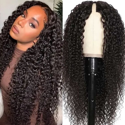 Amznlady Curly V Part Wig Human Hair Brazilian Virgin Human Hair Wigs for Black Women Upgrade U Part Wig Glueless Full Head Clip In Half Wig V Shape Wig No Leave Out 180% Density Natural Color 16 Inch
