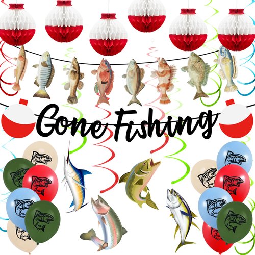 Gone Fishing Party Decorations Kit Include Hanging Banner Hanging Swirl Balloons Honeycomb Ball F...