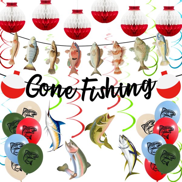 Gone Fishing Party Decorations Kit Include Hanging Banner Hanging Swirl Balloons Honeycomb Ball Fishing Party Supplies for for Fishing Theme Party Birthday Baby Shower Party Favor