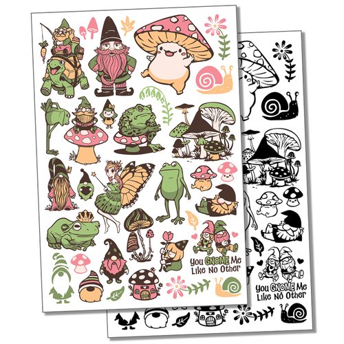 Whimsical Gnomes Mushrooms Frogs Fantasy Temporary Tattoo Water Resistant Fake Body Art Set Collection - Color (One Sheet)