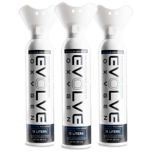 EVOLVE 15-Liter Pure Oxygen Canister with Breathing Cup | Portable Oxygen Can | Ideal for Home Use and Outdoor Activities | Designed by Firefighters | Made in The USA | Pack of 3