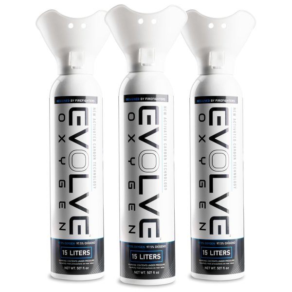 EVOLVE 15-Liter Pure Oxygen Canister with Breathing Cup | Portable Oxygen Can | Ideal for Home Use and Outdoor Activities | Designed by Firefighters | Made in The USA | Pack of 3