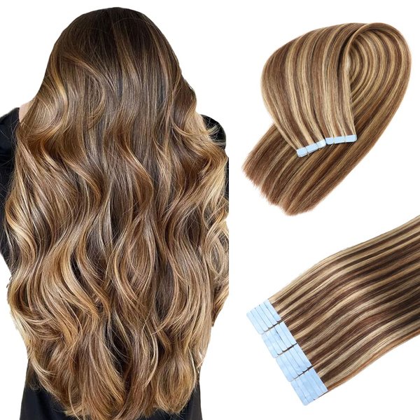 Tape in Hair Extensions Human Hair 100% Real Remy Human Hair Extensions Seamless Straight Hair extensions Real Human Hair Tape in Extensions 20 Inch 20Pieces 50g/Set #4p27 Dark Brown/Blonde Hair