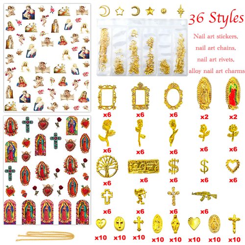 Gehaiwo 186PCS Gold Nail Charms for Acrylic Nails,Alloy Cross Rose Flower Heart Angel Frame Gun Nail Decoration,Nail Art Rhinestone Nail Jewels Accessories for Nail Art Supplies DIY Nail