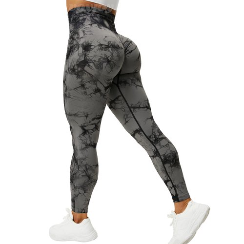 VOYJOY Tie-Dye Leggings for Women High Waisted Yoga Pants, Seamless Leggings Smile Contour High Waist Yoga Pants (Black Grey, Medium)
