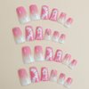 White French Tips Press on Nails Duck Shaped 24Pcs Glossy Full Cover Acrylic Short Rhinestone False Nails with Floral Designs Artificial Fake Nails with Charm Glue Stick on Fingernails for Women