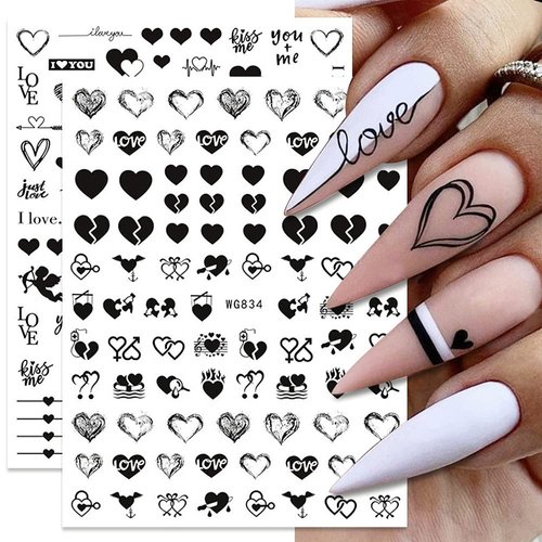 SINSEN Heart Nail Stickers - 6 Sheets Hearts Nail Decals for Women - 3D Self Adhesive Heart Nail Art Stickers - Black Red Heart Love Angel Cupid Nail Designs DIY Valentines Manicure Decorations