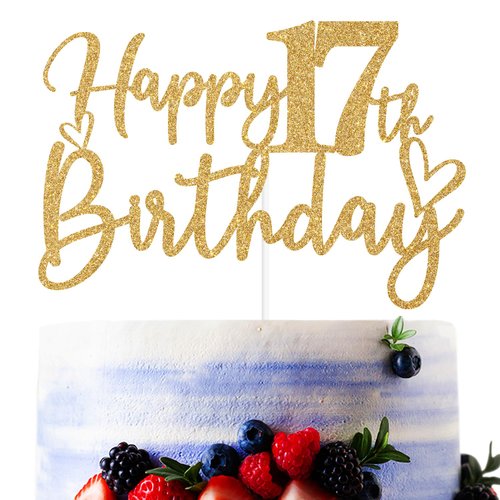 Gold Glitter Happy 17th Birthday Cake Topper, Cheers to 17 Years/Young & Sweet Only 17, Funny 17th Birthday Party Decorations Supplies for Girls Boys