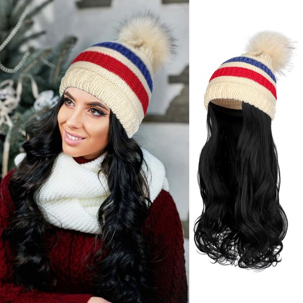 AynnQueen Beanie with Hair Attached for Women Slouchy Cable Hat Wig Knit Beanie Winter Stripe Hat with 20inch Removable Hair Extensions Wig (Ash Blonde - Stripe Hat)