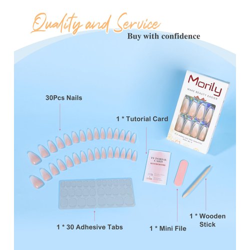 Morily Press on Nails - Pink Ombre Coffin Fake Nails Medium Length, French Tip Glossy False Stick on Fingernails for Women - 24Pcs in 12 Sizes