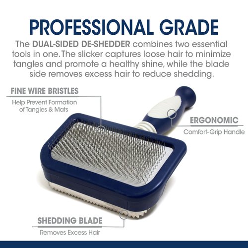 Four Paws Professional Series Grooming Brushes for Dogs & Cats, 2-in-1 Slicker Brush and Shedding Blade, Rubberized Handle, All Coat Types, Available in 3 Sizes