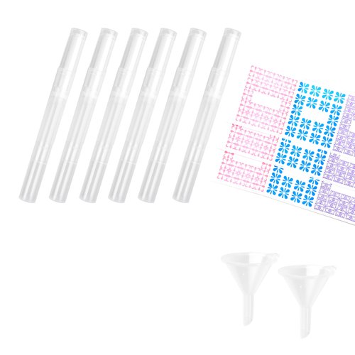 Empty Cosmetic Container Pen - 5 Pack - Refillable Fluid Applicator with Brush Tip - For Nail Polish, Lip Gloss, Teeth Whitener, Essential Oil - Non-Leaking Design- Funnels and Labels Included