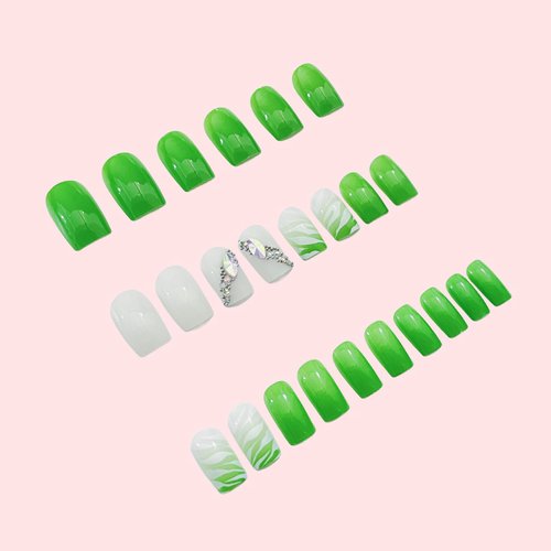 Green Press on Nail Short Square Artificial Acrylic Nails White Green Stripe False Nails Glitter Broken Diamond Design Fake Nails Full Cover Glossy Reusable Coffin Nails Glue on Nails for Women 24Pcs