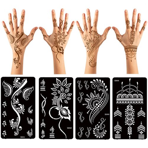 XMASIR 12 Sheets Henna Tattoo Stencils, Glitter Airbrush Hand Temporary Tattoo Stickers Indian Arabian Self Adhesive Tattoo Templates (S5-12P)