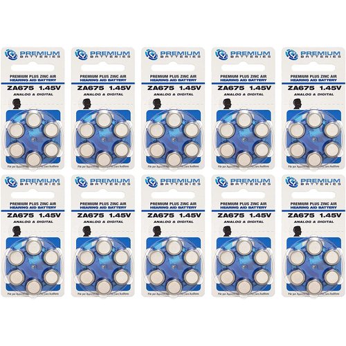Premium Batteries Size 675, ZA675, PR44, P675 1.45V Zinc Air Hearing Aid Batteries Blue Tab (60 Batteries)