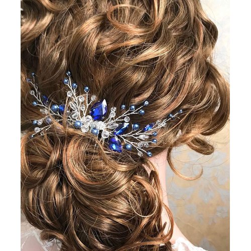Aimimier Bridal Royal Blue Crystal Hair Comb and Earrings Sapphire Blue Pearl Hair Piece Set Prom Party Festival Wedding Hair Accessories for Women and Girls