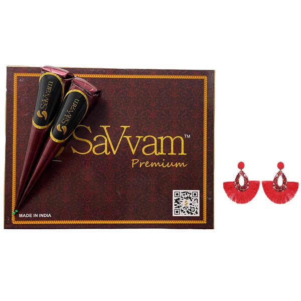 SaVvam 6 Pack 100% Natural Ready to Use Maroon Hair Color & Hair Dye Cones Plus Shinny Tassel Dangle Earring (Red)