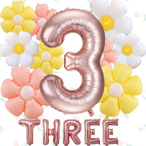 13Pcs Groovy Three Party Decorations Daisy Balloons 40 Inch Rose Gold Three Balloon for First Birthday Decoration Daisy 3rd Birthday Foil Balloons Daisy Balloons Cannot Float