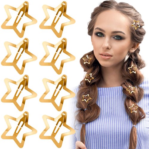 HINZIC 8PCS 1inch Gold Star Hair Clips Metal Star Snap Barrettes Non Slip Cute Wedding Prom Halloween Rave Christmas Hair Pins Accessories for Women