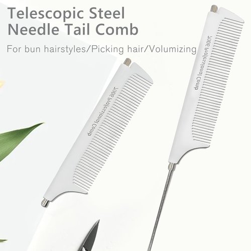 Professional Portable Fine Tooth Teasing Comb for Styling, Hair Cutting, White Retractable Metal Rat Tail Comb for Parting, Stainless Steel Pin Tail Teasing Comb for Salon