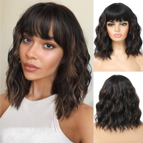 Amarlis Short Black Mixed Brown Bob Wig with Bangs for Women, Natural Looking Heat Resistant Synthetic Fiber Curly Wavy Bob Wigs for Daily Party Use