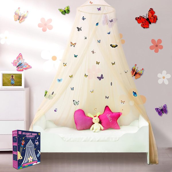 South to East Bed Canopy for Girls with Glowing Butterfly in The Dark, Beige Princess Bed Curtains for Girls Bed, Kids Bed & Toddler Bed, Twin, Full & Queen Bed, Mosquito Net Canopy for Girls Bedroom