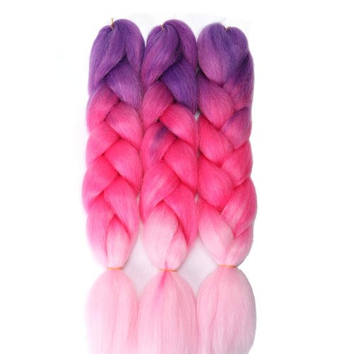 Imierfa Ombre Braiding Hair, 3Tone Braiding Hair Extensions Feed in Hair for Braids, 3Pack Braiding Hair for Twist Braids Color Purple Peach Red Pink 24" 3PCS