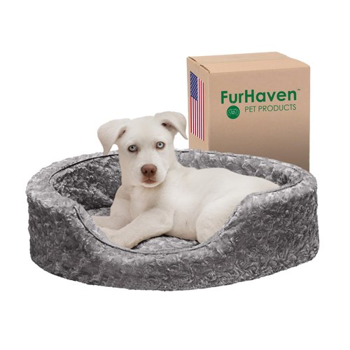 Furhaven Dog Bed for Small Dogs w/ Removable Washable Cover & Pillow Cushion Insert, For Dogs Up to 12 lbs - Ultra Plush Faux Fur Oval Lounger - Gray, Small