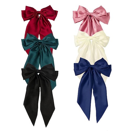BetterJonny 6Pcs Satin Bow Hair Accessories for Girls, Women, and Teens, Long Hair Barrettes and Clips