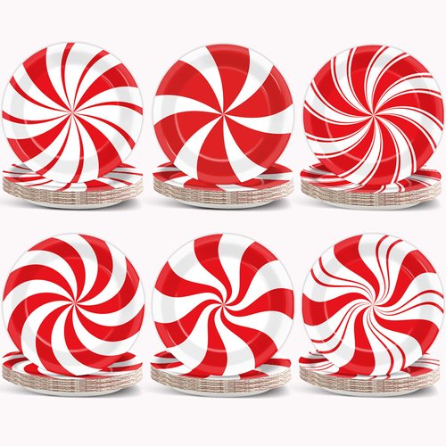 Wiooffen 80Pcs Christmas Peppermint Candy Paper Plates Party Supplies 9Inch Red White Candy Mint Tableware Christmas Dinner Dessert Plate Disposable Dinnerware Decorations for Holiday Xmas Theme Party