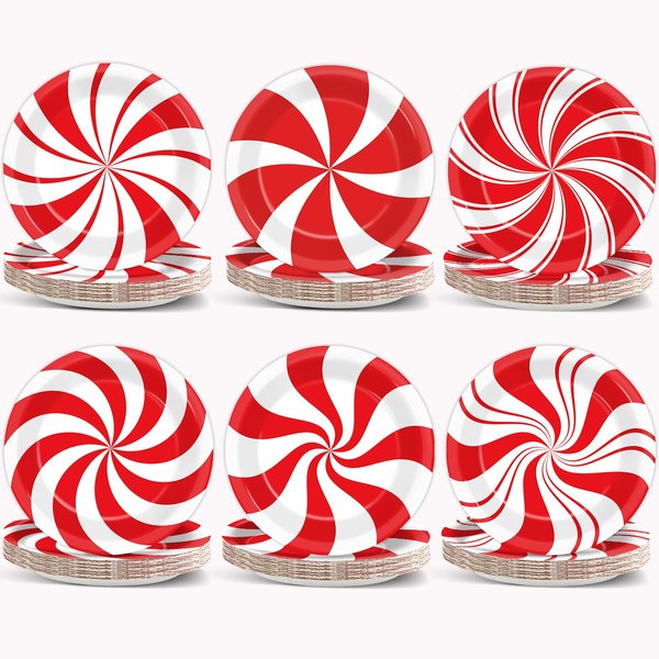 Wiooffen 80Pcs Christmas Peppermint Candy Paper Plates Party Supplies 9Inch Red White Candy Mint Tableware Christmas Dinner Dessert Plate Disposable Dinnerware Decorations for Holiday Xmas Theme Party